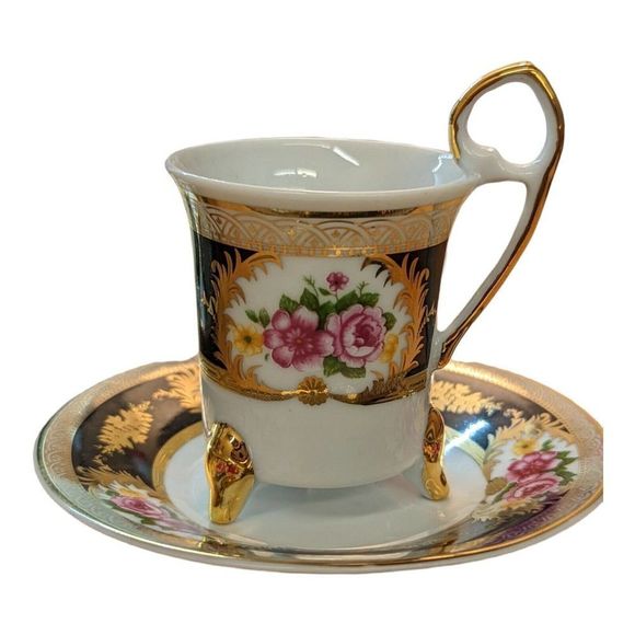 Yau Shing Gold Black Pink Rose Porcelain Demitasse Cup & Saucer 12 Piece Set - Picture 2 of 4